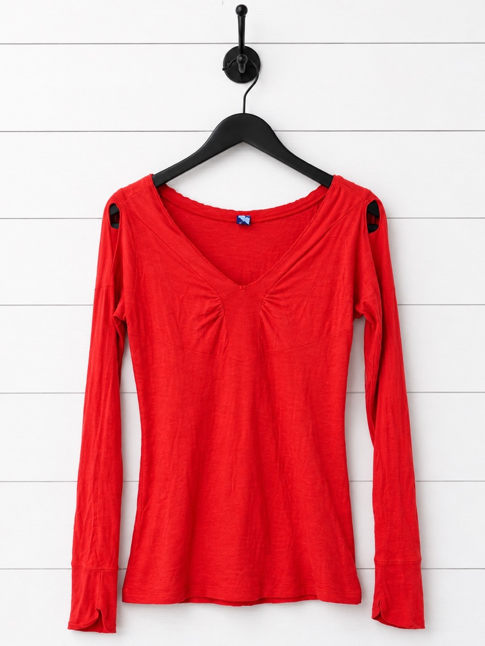We The Free Red Long Sleeve V-Neck Top with Shoulder Cutouts